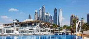 Zero Gravity Dubai Beach scene with yacht in Dubai marina
