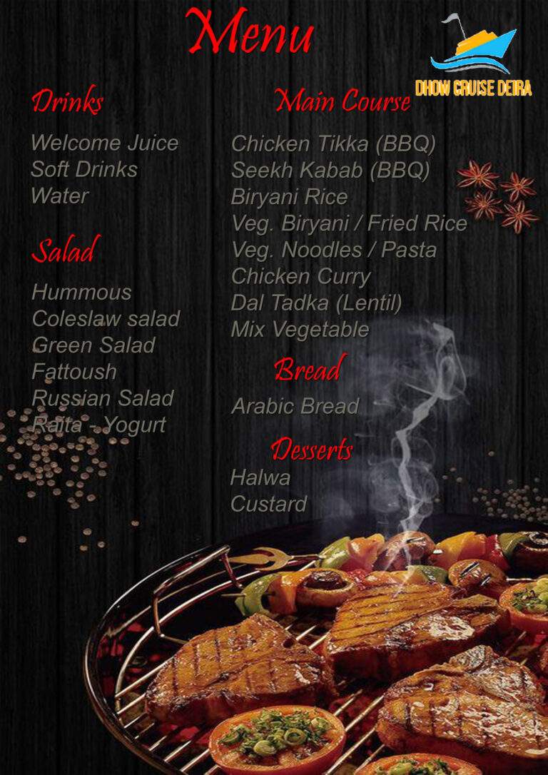 BBQ buffet dinner menu of Dhow Cruise Dubai